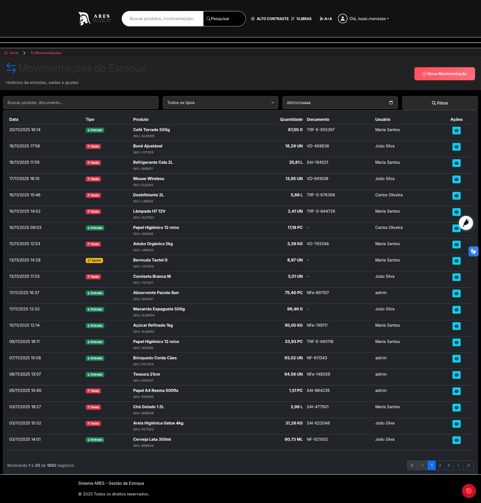 Movimentação de produtos usando o dark mode